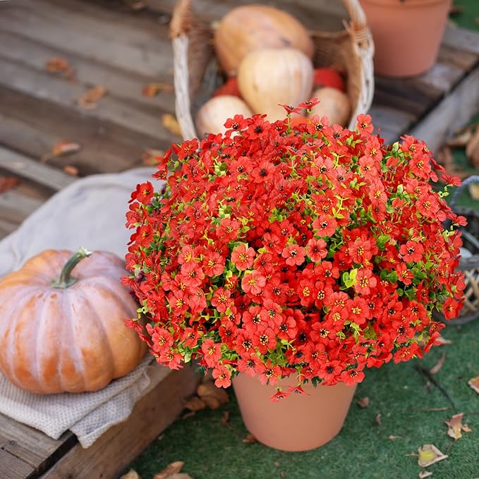 MERIXMAS 24 Bundles Artificial Flowers for Outdoors Decorations, Fake Flowers Artificial Plants Outdoor, Colorful Daisy Eucalyptus Realistic UV Resistant for Garden Patio Porch Home Decor, Red