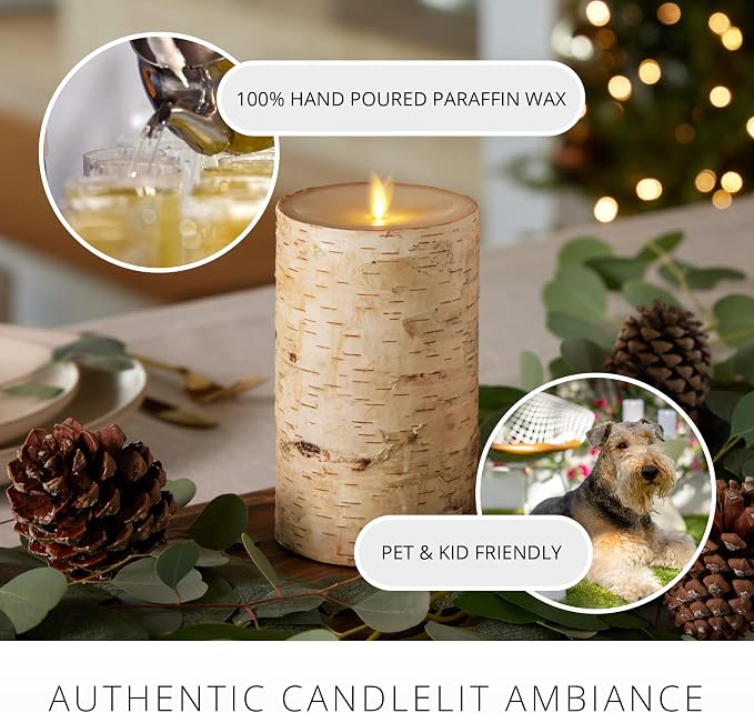 Luminara Realistic Artificial Flame Pillar Candle Wrapped with Real Birch Bark - Moving Flame LED Battery Operated Lights - Unscented - Remote Ready - Remote Sold Separately - 4.0" x 7.0"