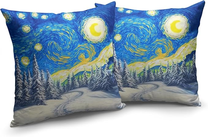 Winter Pine Forest Pillow Covers Van Gogh Starry Night Throw Pillow Covers Christmas Tree Pillowcase 16x16 Set of 2 Double Sided Printing Cushion Case for Living Room Couch Sofa