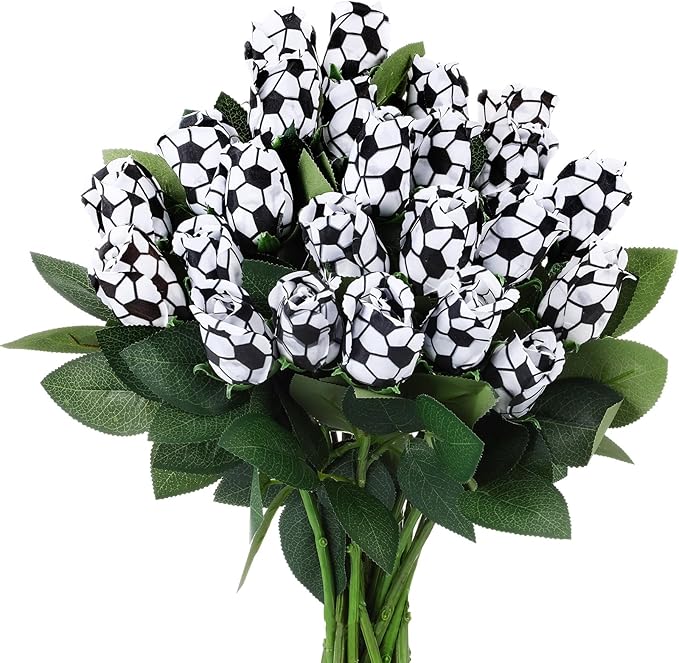 Suhine 24 Pcs Artificial Soccer Rose Flowers Sports Party Favors Bulk for Birthday Graduation Wedding Party Decorations Table Centerpieces Mom Fans Team Coach Senior Night Gift (Soccer Color, Normal)
