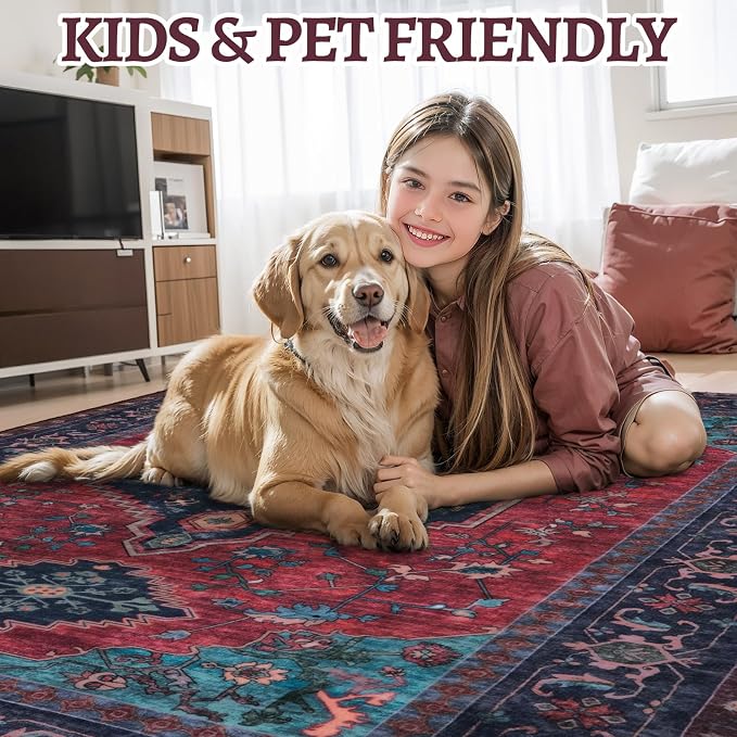 Tangsoo 2.6x8 Washable Runner Rug for Hallways, Non Slip Vintage Runner Rug, Soft Low Pile Long Rug Runner, Print Carpet Runners for Kitchen Bedroom Entryway Bathroom Living Room Burgundy/Navy