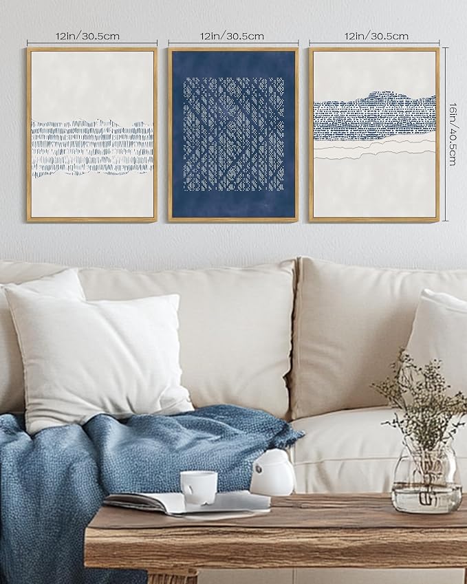 PHOPAGO Navy Blue Abstract Framed Wall Art Mid Century Minimalist Wooden Pastel Boho Wall Decor Modern Neutral Farmhouse Living Laundry Decor- 12x16in Natural Framed