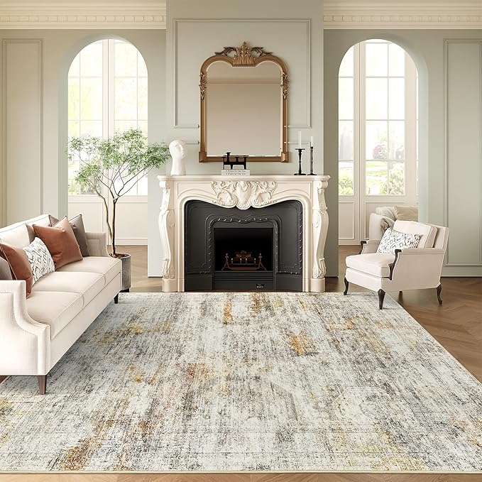Soalmost 10x14 Area Rugs for Living Room, Non Slip Machine Washable Vintage Rugs, Low Pile Lightweight Large Rug for Bedroom, Dining Room, Home Office Gray Rust