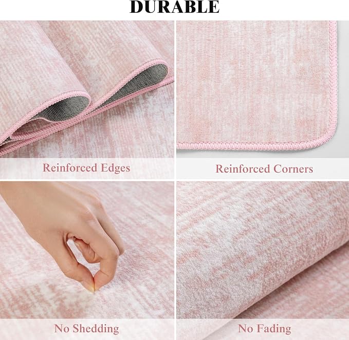 3x5 Washable Area Rug, Pink Solid Area Rugs for Living Room & Bedroom | Stain-resistant & Non-slip backing,Low Pile Washable Large Carpet, Solid Vintage Style For High Traffic Areas(3x5,Pink)