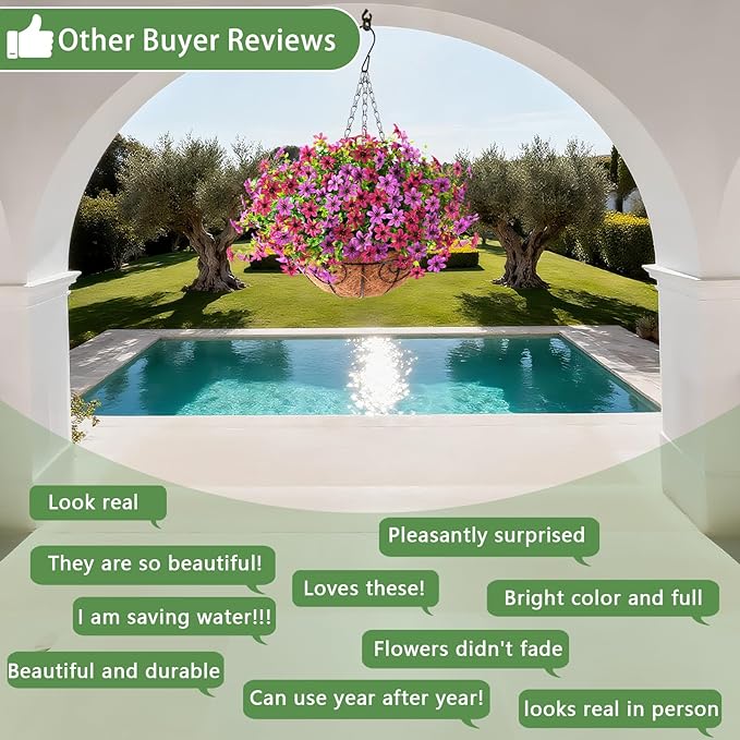 Artificial Flowers Fake Hanging Basket for Outdoor Spring Summer Decoration, 12 Bundles Faux Hanging Plants UV Resistant, Realistic Silk Flower for Outside Planters Porch Patio Balcony Yard Garden