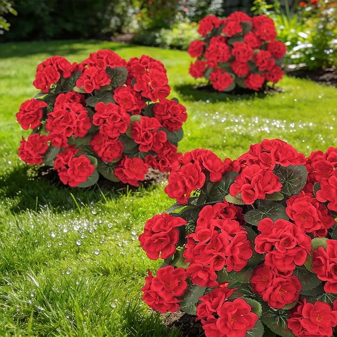 Ouddy Decor Artificial Geranium Flowers for Outdoors, Fake Silk Flowers UV Resistant Faux Geraniums for Vase Planter Garden Patio Balcony Porch Indoor Outdoor Spring Summer Home Decor, 12 Pcs Red