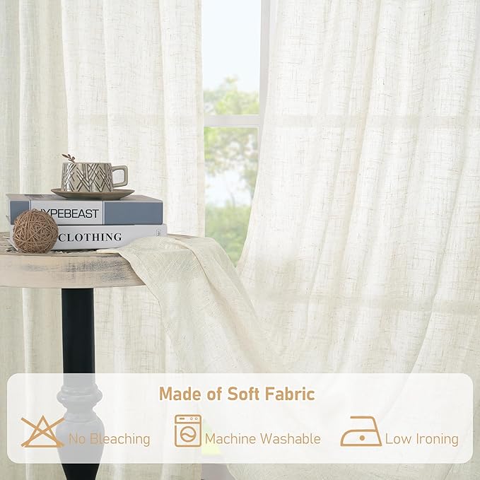 LAMIT Cream Linen Kitchen Curtains 30 Inch Length, Semi Sheer Light Filtering Window Panels Back Tab and Rod Pocket Drapes for Basement/Small Windows, 25 x 30 Inch, 2 Panels