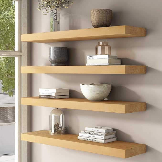 Floating Shelves for Wall, USA-Sourced Brich Wood 32 Inch Wall Shelves Set of 2, Natural Wooden Mounted Picture Ledge Shelf, Nursery Book Storage Shelf Kids Bookshelf Display, Shelf for Bathroom