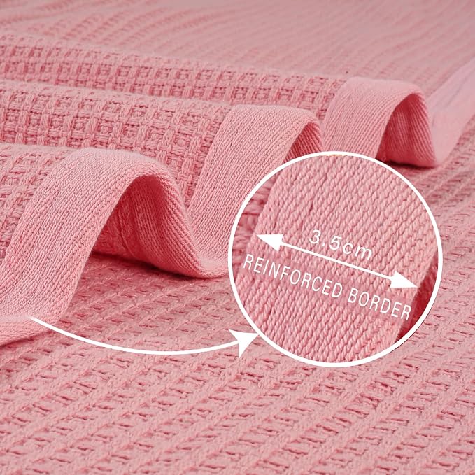 TreeWool Premium 100% Cotton Waffle Queen Blanket (90"x90", Soft Pink) | Breathable Lightweight Moisture Wicking Soft Knit Thermal Blanket for Summer, Bed or Sofa All-season Comfort Machine Washable