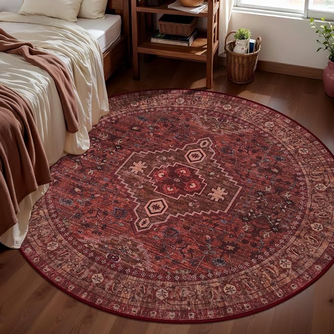 Tangsoo Red Round Rugs 4ft Washable Circle Rug, Non Slip Small Boho Round Area Rug, Oriental Low Pile Circular Rugs, Vintage 4x4 Round Carpet for Living Room Bedroom,Entryway,Nursery,Dorm