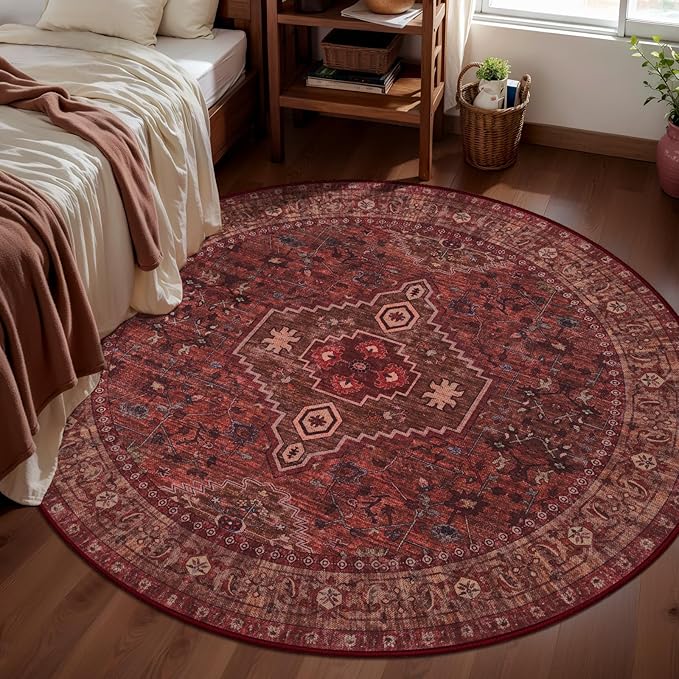 Tangsoo Red Round Area Rugs 6ft, Washable Circle Rug, Non Slip Boho Round Area Rug, Vintage Low Pile Circular Rugs,Large Round Rugs Carpet for Livingroom Bedroom Nursery Dorm Office