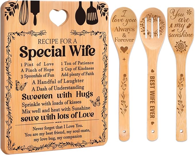 Mothers Day Gifts for Wife - "Recipe for a Special Wife" Birthday Gifts for Wife Cutting Board Set, Bamboo-Made Engraved Utensil Set Gifts for Wife