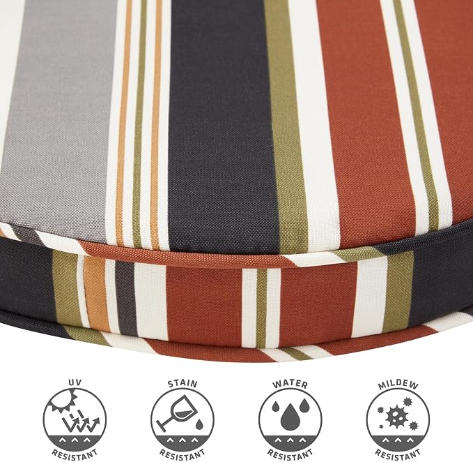 Set of 2 Outdoor 18 inch Round Patio Dining Chair Pads – Comfortable Fiber-Filled Seat Cushions with Ties, Reversible Polyester Fabric, Brick Stripe