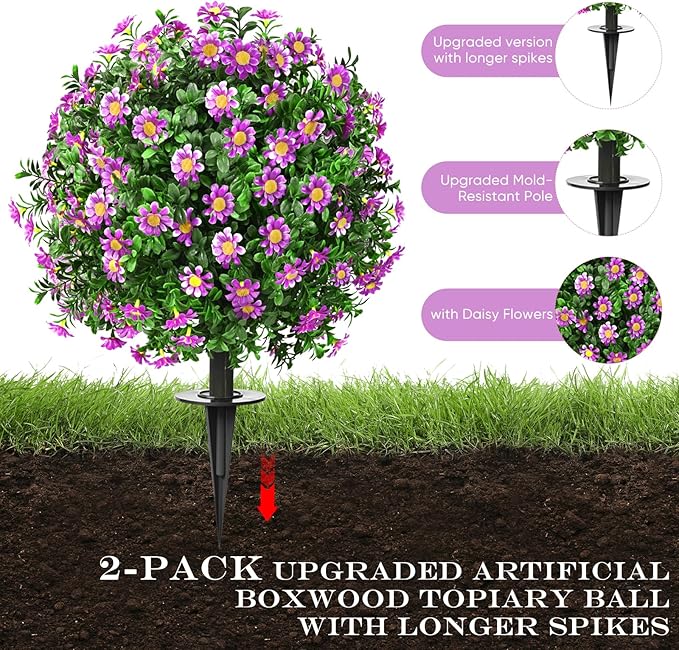 FAJUNZH Artificial Topiary Bushes for Outdoors with Spike, Boxwood Ball Fake Shrubs UV Resistant Faux Plants for Indoor Outdoor Fall Thanksgiving Halloween Decor (Sunflower Boxwood Purple -2 Packs)