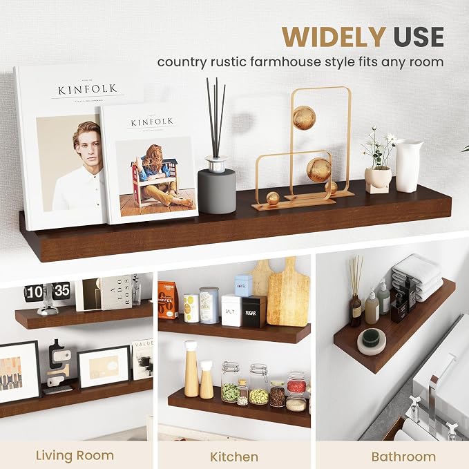 RICHFOCUS Floating Shelves for Wall 72 Inch Solid USA-Sourced Oak Wooden Shelves for Bathroom Kitchen 9" Deep Modern Wood Shelf with Heavy-Duty Bracket for Wall Mounted, Walnut Finish