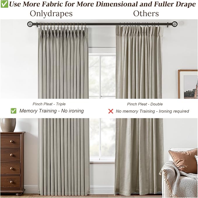 Burlywood Birch Pinch Pleated Curtains 96 Inches Long for Living Dining Room 2 Panels Light Filtering Linen Pinch Pleat Curtains 96 Inch Length Neutral Rustic Farmhouse Modern Window Curtain Drapes