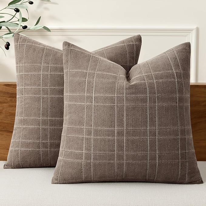MIULEE Decorative Linen Check Throw Pillow Covers Neutral Farmhouse Vintage Pillow Covers 20x20 Set of 2 Boho Modern Winter Home Decor for Sofa Couch Bedroom Cushion Taupe