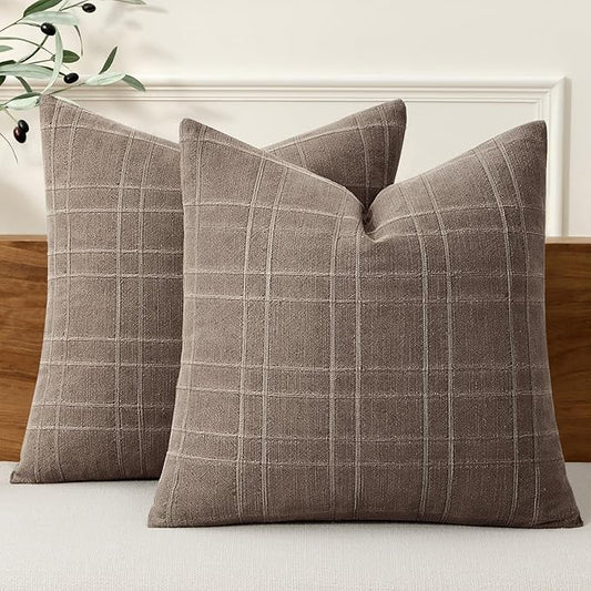 MIULEE Decorative Linen Check Throw Pillow Covers Neutral Farmhouse Vintage Pillow Covers 20x20 Set of 2 Boho Modern Winter Home Decor for Sofa Couch Bedroom Cushion Taupe