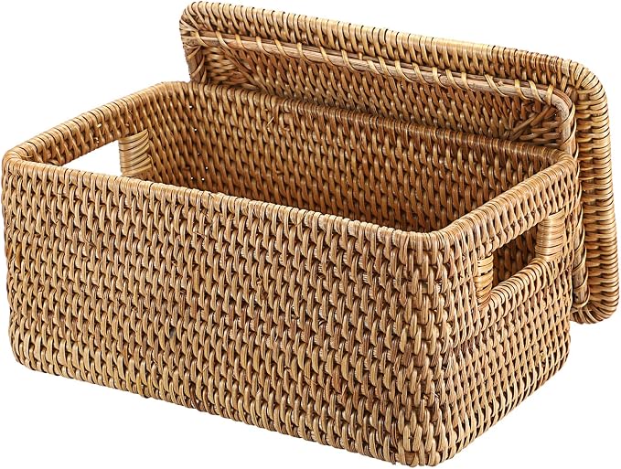 Hipiwe Rattan Basket with Lid Rectangular Lidded Basket Natural Hand-Woven Wicker Storage Basket Bin for Shelf Organizing Picnic Food Bread Table Storage Basket, 12"x7.9"x 5.9"