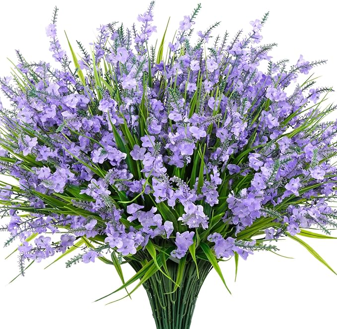 20 Bundles Artificial Lavender Flowers for Outdoors Fake Silk Flowers Faux Plants UV Resistant for Indoor Outside Spring Porch Garden Window Table Box Office Home Decorations, Purple