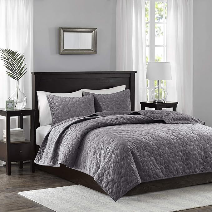 Madison Park Harper Quilt Set Velvet Casual Geometric Stitching Design All Season, Lightweight Coverlet, Cozy Bedding, Matching Shams, Full/Queen(90"x90"), Grey 3 Piece