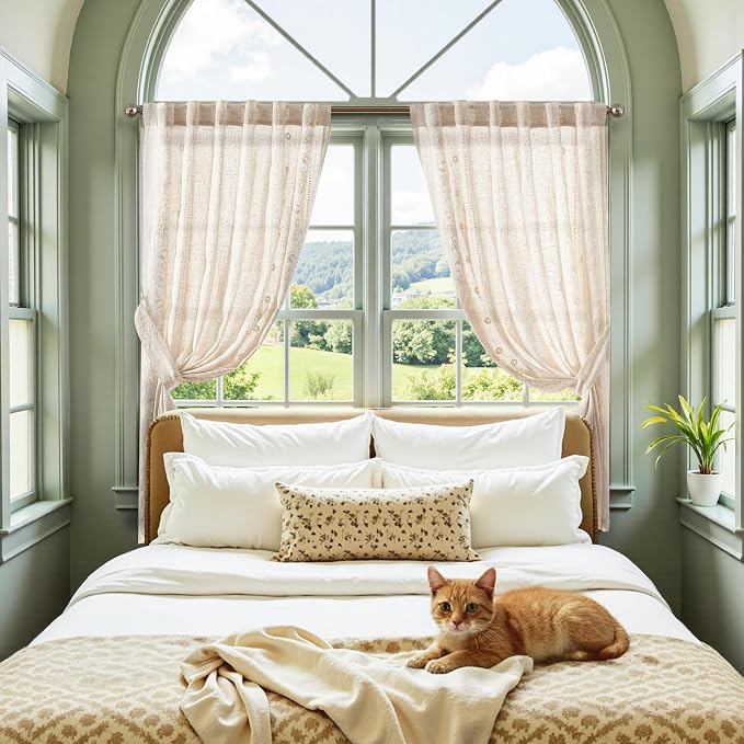 jinchan Winslow Linen Curtains 45 Inch Length Small Window Curtains Embroidered Bordered Floral Drapes Light Filtering for Bathroom Laundry Room Kitchen Farmhouse Decor White on Beige 2 Panels