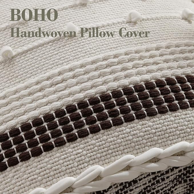 Boho Lumbar Pillow Cover 12x20 Chocolate Brown - Handmade Woven Textured Throw Pillow Case with Cordings & Tassels, Decorative Accent for Couch Sofa Bed Farmhouse Living Room Bedroom Home Decor
