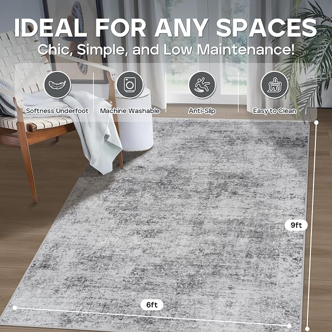 6x9 Area Rugs for Living Room Rug Washable: Modern Rug for Dining Room Bedroom Carpet Non Slip Low Pile 6 by 9 Indoor Abstract Nursery Home Office Grey