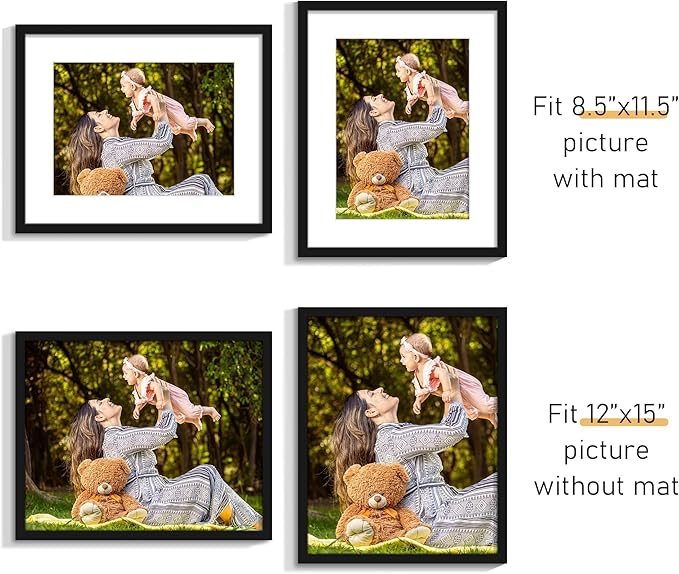 Picrit 12x15 Picture Frame Set of 12, Display 9 x 12 with Mat or 12 x 15 without Mat, Photo Frames for Wall Mounting Display, Black