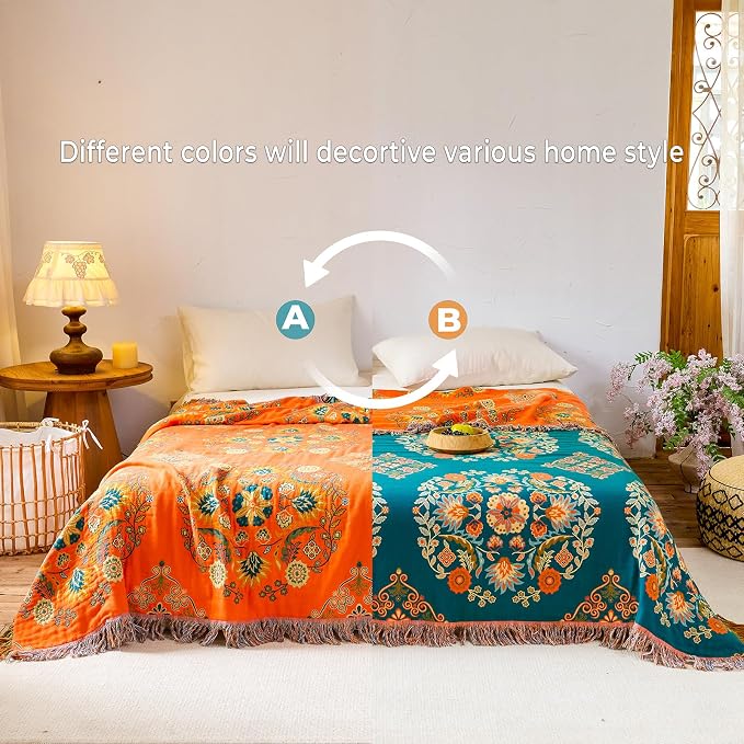 Throw Blanket for Couch Bed Chair,100% Cotton Soft Lightweight Muslin Blanket,4-Layer Woven Gauze Breathable Rustic Quilt -Orange Floral Farmhouse Decor,Bed All Season Blankets,90"×98"