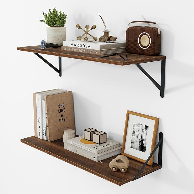 Vivelove 8 Inch Deep Floating Shelves for Wall, 24W x 8D Wood Wall Shelves Set of 2, Walnut Wide Floating Bookshelf for Living Room, Kitchen, Office, Bedroom, with Black Metal Bracke - Walnut
