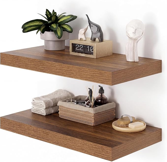 Heimlove 12" Deep Floating Shelves for Wall, 24x12 Inch Shelf Bathroom Shelves Set of 2, Mounted Shelves for Books Living Room Laundry Room Bedroom Kitchen Home Office, Walnut