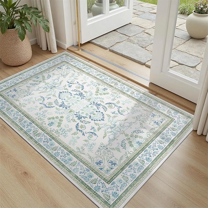 DCX Green 2x3 Entryway Rug, Kid & Pet Friendly with Rubber Back Non Slip, Machine Washable Stain Resistant Botanical Floral Rug for Bathroom, Kitchen, Soft Low Pile Small Carpet