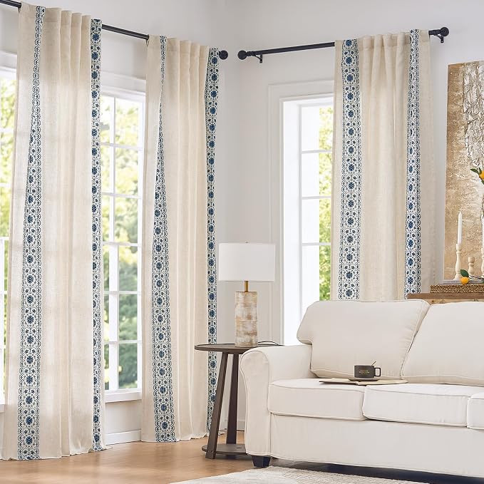 jinchan Weslie Boho Lined Linen Curtains for Bedroom Blue Vintage Floral Farmhouse Curtains 63 Inch Length Linen Drapes for Living Room Embroidered Drapes Rod Pocket Blue on Beige 2 Panels