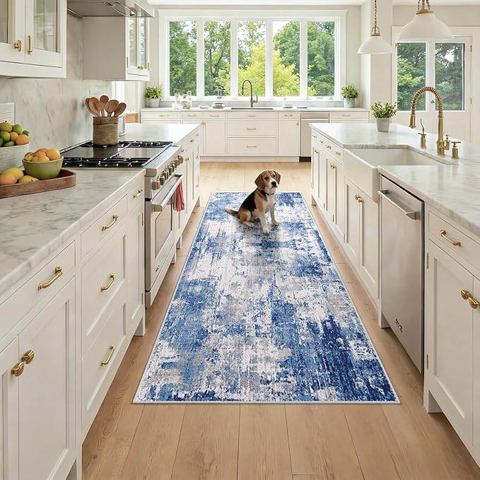 RELEANY Washable Area Rugs 3x7 Non-Slip Modern Abstract Soft for Living Room Entryway Bedroom Nursery, Print Pattern, Blue Grey Navy Gray