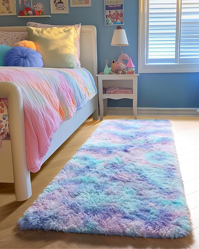 PAGISOFE Adorable Rainbow Runner Rugs for Girls Bedroom Hallway Plush Fluffy Purple Rug 2x6 Ft, Soft Carpet for Kids Room, Non-Slip Indoor Mermaid Rugs for Nursery Kids Girls Room Home Decor Sturdy
