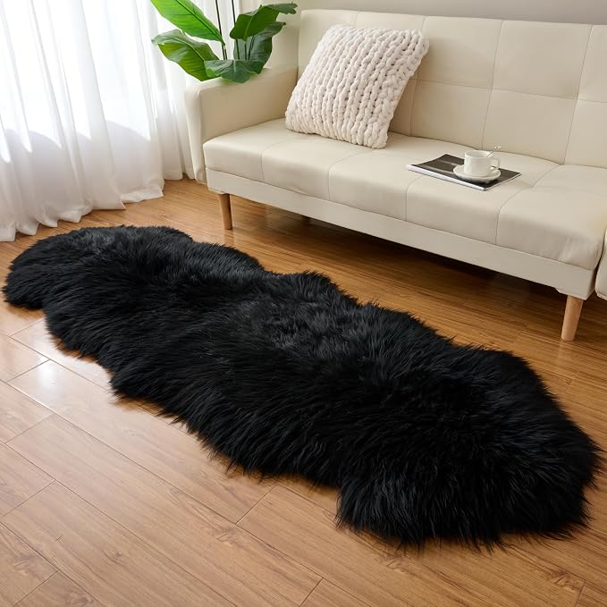 Premium Genuine Sheepskin Area Ruge - Real Wool Fur Shaggy Carpet | Fluffy Soft Natural Lambskin Rug Seat Chair Covers for Couch Sofa Bedroom Living Room(Black,2×6 Feet Sheepskin)