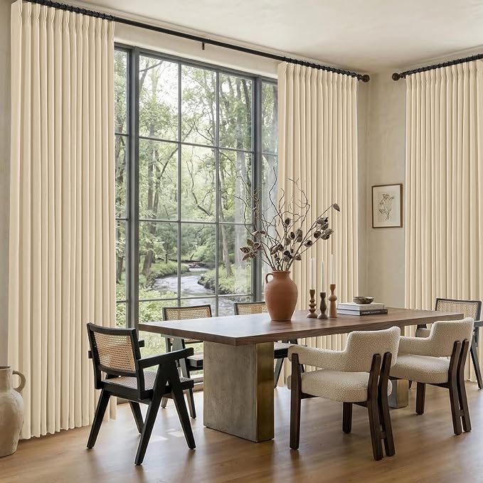Pinch Pleated Linen Curtains 102 Inch, 2 Panels Premium 400GSM Memory Trained Semi Sheer Light Filtering Window Drapes for Living Room Bedroom Dining, Back Tab & Adjustable Hooks Rings, Light Oatmeal