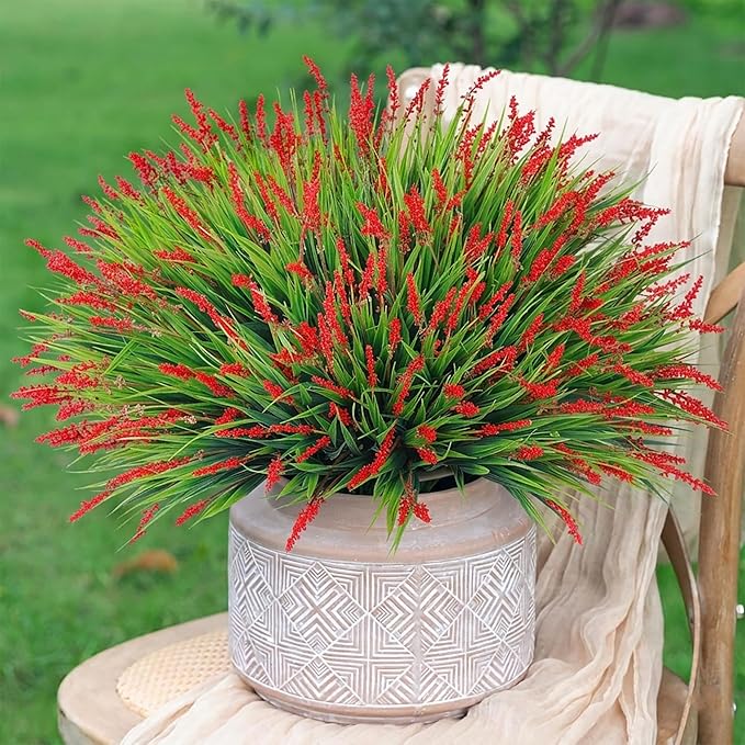HyeFlora Artificial Fake Flowers Outdoor Plants for Summer Decoration,10 Bundles Faux Plastic Tall Monkey Grass Greenery UV Resistant Realistic Lavender for Home Planter Window Porch Garden-Red