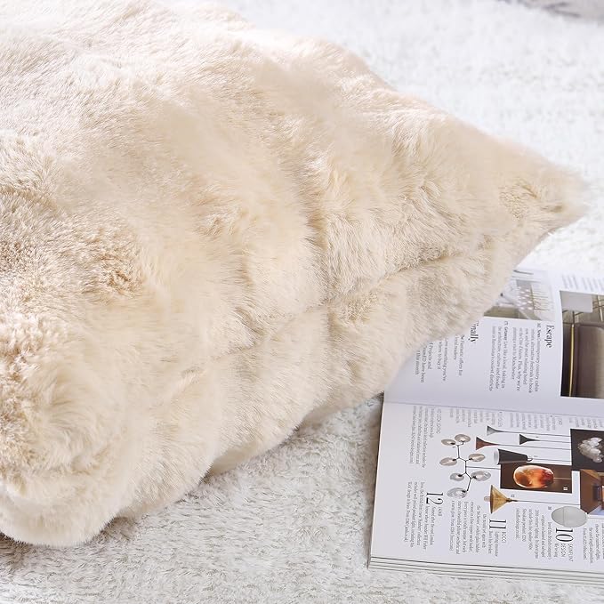 MADIZZ Pack of 2 Thick Plush Faux Wool Throw Pillow Covers Soft Boho Throw Pillows Luxurious Cushion Covers for Couch Sofa Bedroom Living Room Home Decor 18x18 Inch Beige