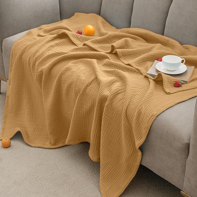 PHF 100% Cotton Muslin Throw Blanket 50" x 60", 4-Layer Lightweight Gauze Throw, Breathable Cloud-Soft Minimalist Blanket for Bed, Couch, Camping, Amber, Ideal Gift