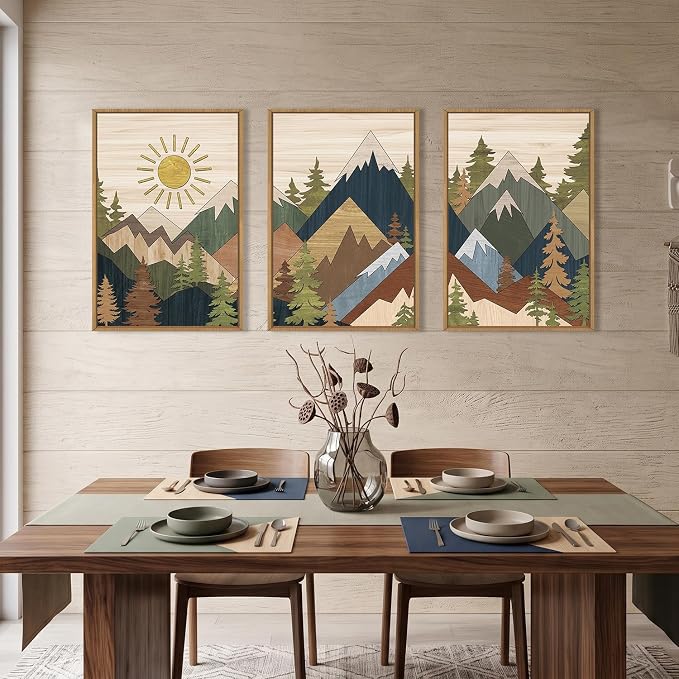 BICERE Large Abstract Mountain Woodcut Framed Canvas Wall Art,Vintage Pine Tree Wall Decor,Rustic Nature Forest Painting,Neutral Artwork for Living Room,Bedroom,Dining Room,Farmhouse -16"x24"x3