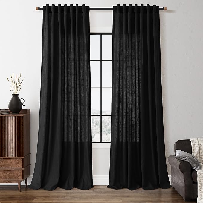 Nanspring Extra Long Linen Curtains 108 Inch Length for Living Room 2 Panels Set Floor to Ceiling Back Tab Neutral Privacy Drapes Semi Sheer Light Filtering for Bedroom Boho Black W50 x L108