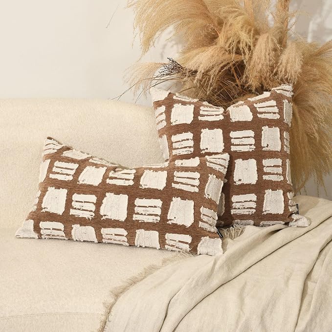 Boho Throw Pillow Covers 20x20, Brown White Abstract Grid Pillowcases, Farmhouse Decorative Pillows Cushion Cases for Sofa Bed Living Room