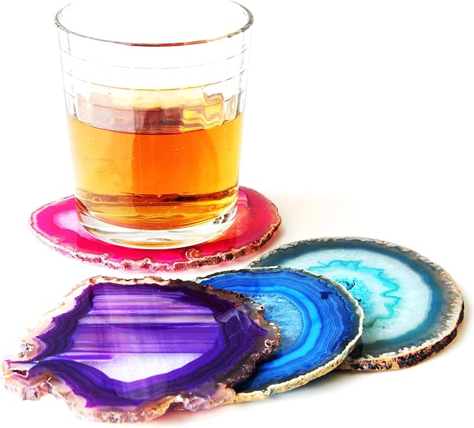 JIC Gem 4-5" Extra Mixed Dyed Color Agate Coasters Polished Natural Geode Coasters Sliced with Free Rubber Bumper Set of 4 Home Decoration