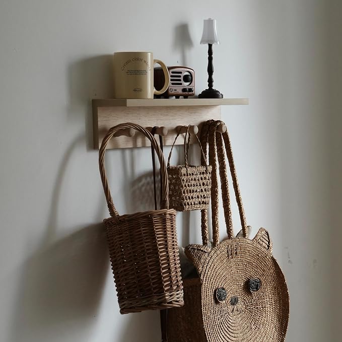Wall Mounted Coat Rack with Shelf, Entryway 8 Hooks, 2 Pack | Birch finish shelf