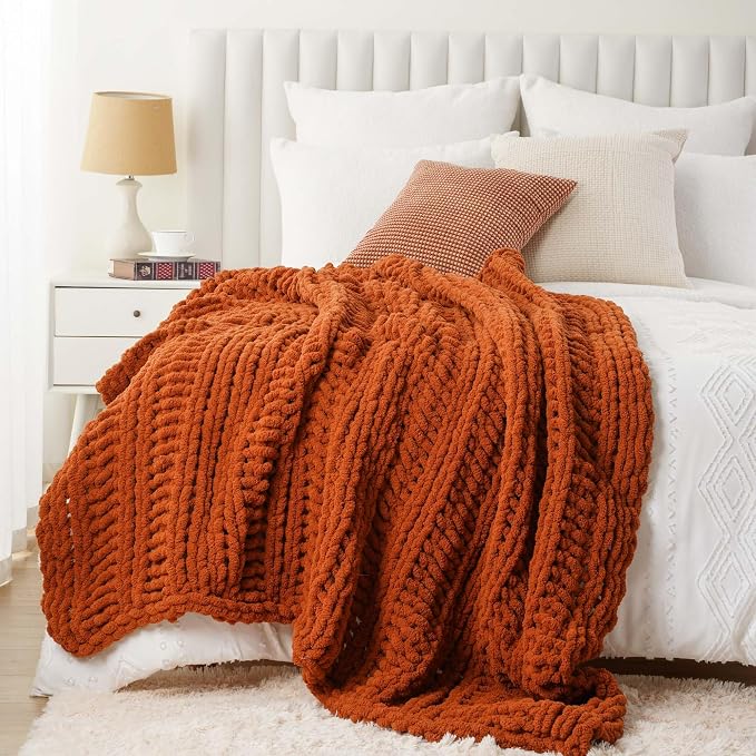 Battilo Chunky Knit Throw Blanket for Couch, Fall Decor, 50"x60", Rust | Hand Knit with Chunky Yarn, Decorative Fall Throw Blanket, Cozy Warm Soft Chenille Throw Blanket for Bed, Sofa, Living Room