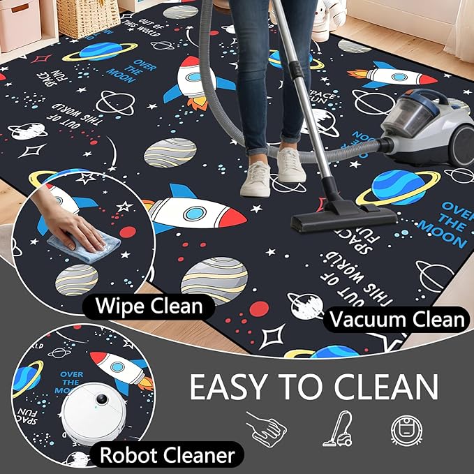 Space Rug 6x8 Feet, Solar System Kids Area Rug for Boys Bedroom Playroom, Non-Slip Outer Space Floor Mat with Planets Rocket Pattern, Educational Nursery Rug for Classroom