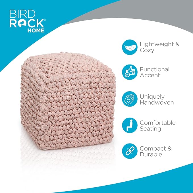 BIRDROCK HOME Square Pouf Ottoman Foot Rest - 18” Compact Comfortable Soft Cotton Knit Bean Bag Floor - Chair Foot Stool Seat for Living Room, Bedroom, or Kids Room (Dusty Rose Pink Bud)