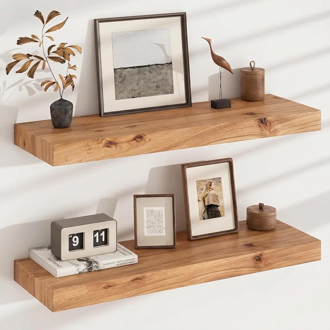 FLYJOE Floating Shelves for Wall, USA-Sourced Elm Wood 30 Inch Wall Shelves Set of 2, Natural Wooden Mounted Picture Ledge Shelf, Nursery Book Storage Shelf Kids Bookshelf Display, Shelf for Bathroom